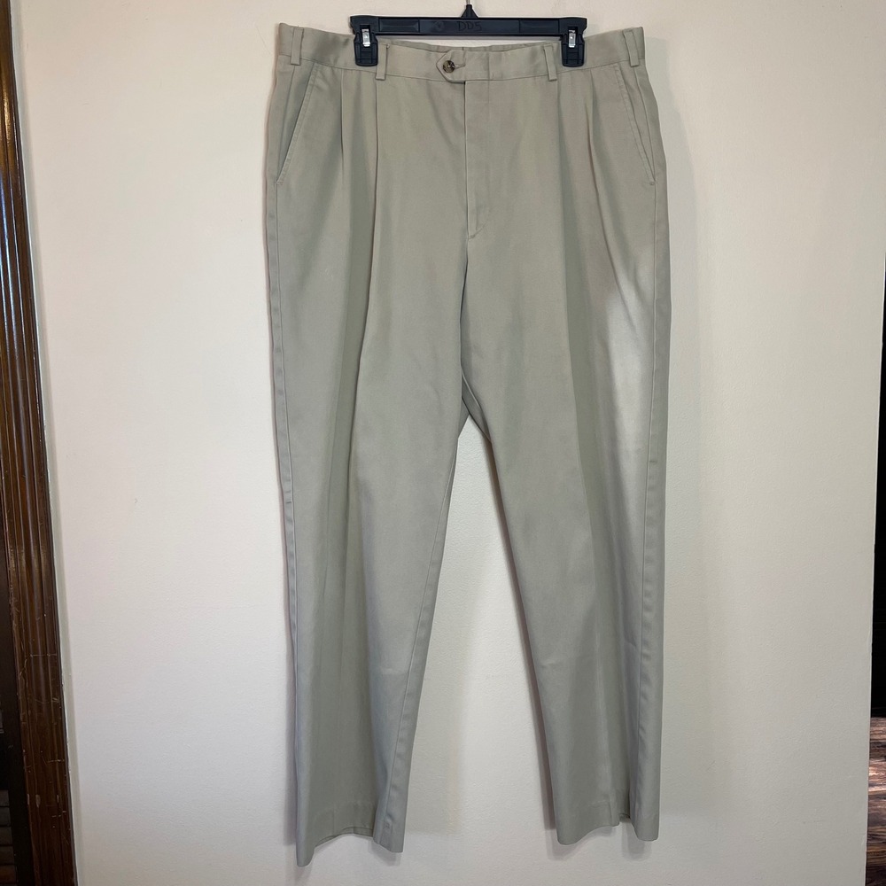 Mens Khaki Pleated Sansabelt‎ System Pants Classic Fit Business Casual W38 L31